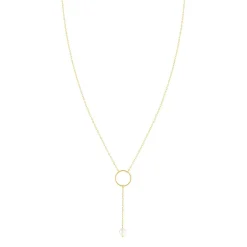 Collier or jaune 375, motif anneau, perle de culture de Chine. Longueur 40 cm.