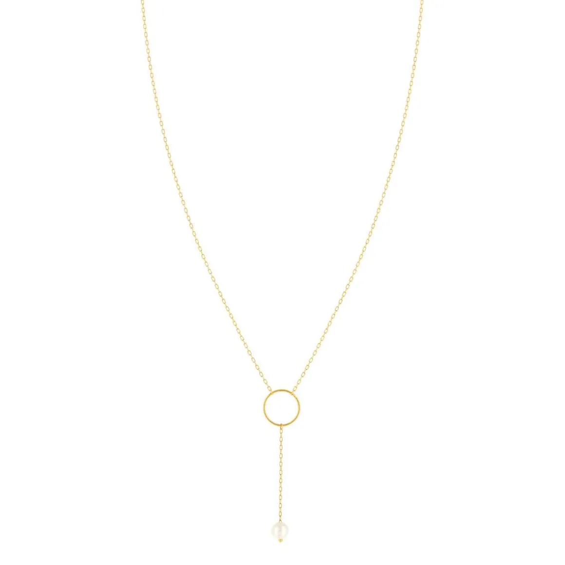 Collier or jaune 375, motif anneau, perle de culture de Chine. Longueur 40 cm.