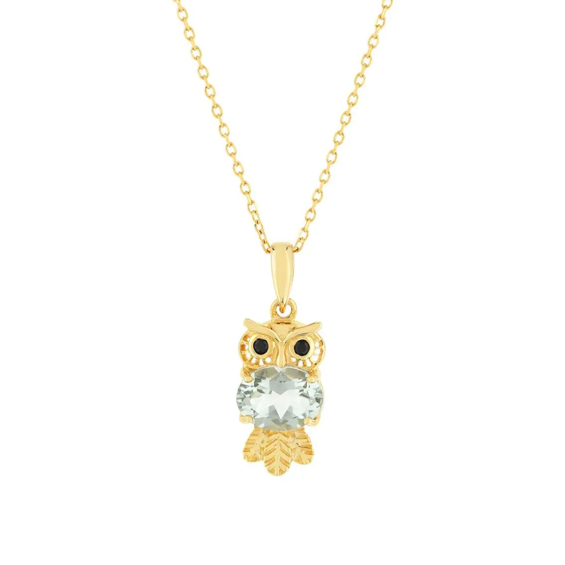Collier or jaune 375, motif hibou, quartz vert, onyx.