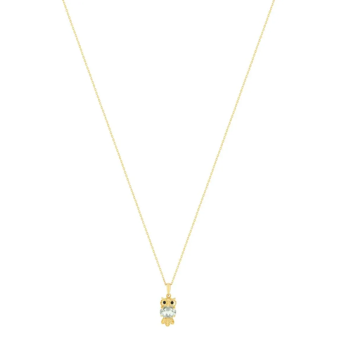 Collier or jaune 375, motif hibou, quartz vert, onyx.