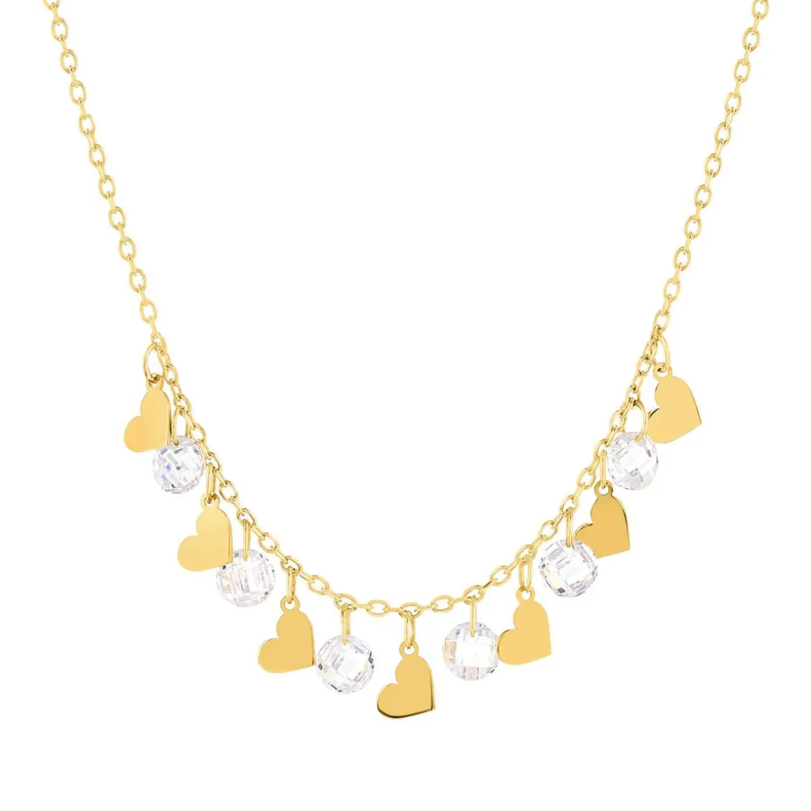 Collier or 375 jaune pampilles coeurs et zirconias 45cm