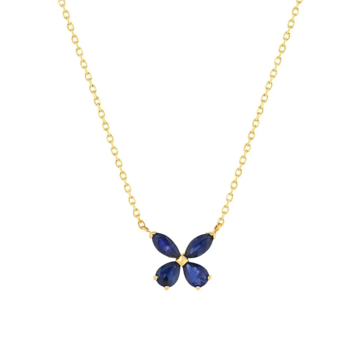 Collier or jaune 375, saphirs, motif papillon. Longueur 42 cm.