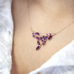 Collier or rose 375 améthystes grenats rhodolites topazes roses traitées 45 cm