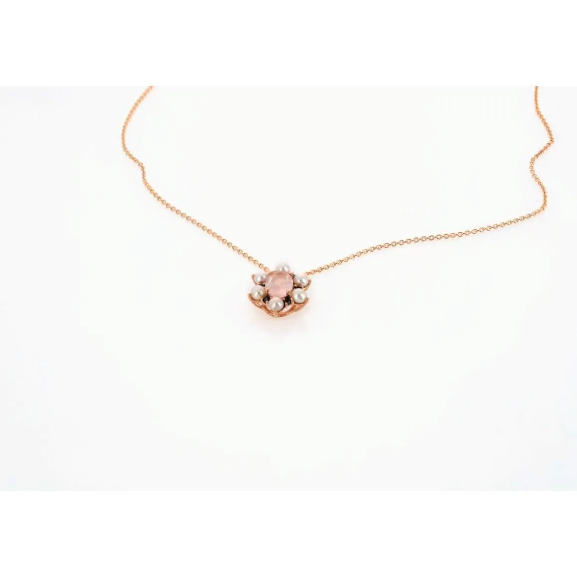 Collier or 375 rose quartz zirconia noir et perle