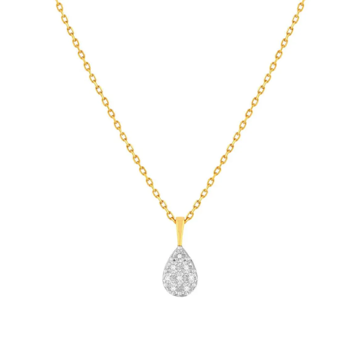 Collier or 375 2 tons diamants, motif goutte 45 cm