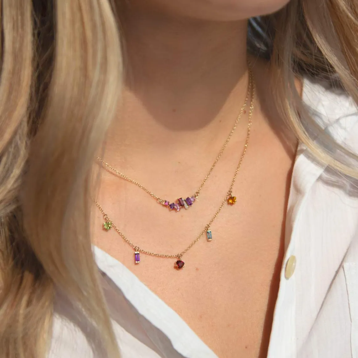 Collier or 375 2 tons diamants pierres précieuses et fines 45cm anneau de raccourcissement à 42cm