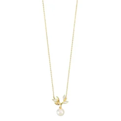Collier or 375 2 tons feuillage perle de culture de Chine et diamants 45 cm