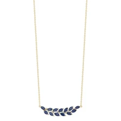 Collier or 375 2 tons feuille de laurier saphirs et diamants 45 cm