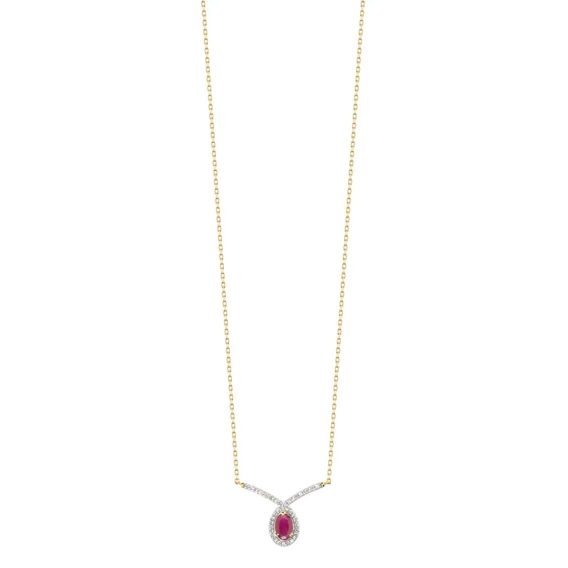 Collier or 375 2 tons rubis ovale et diamants 42 cm