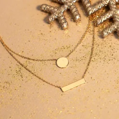 Collier plaqué or double rang médailles ronde et rectangle 45 cm
