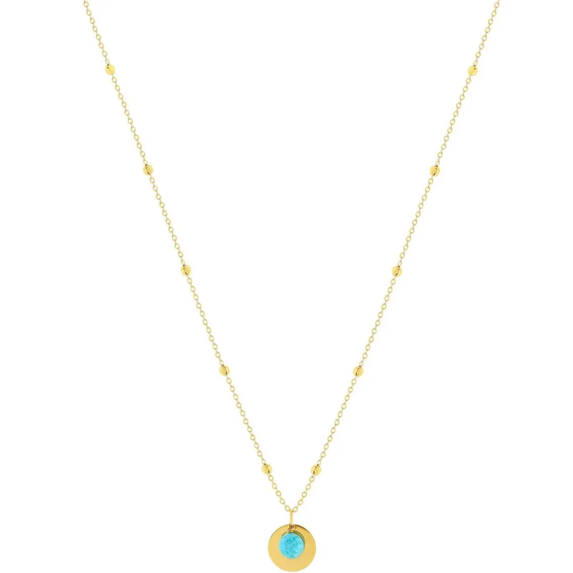 Collier plaqué or jaune, disque et amazonite en pampille 48 cm