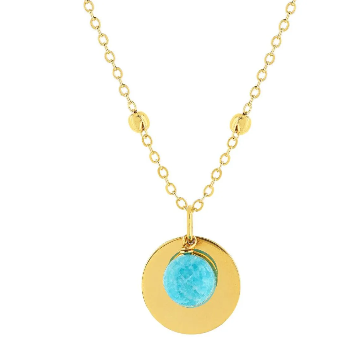 Collier plaqué or jaune, disque et amazonite en pampille 48 cm