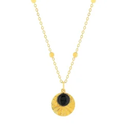 Collier plaqué or médaille strié et pampille en onyx 48 cm