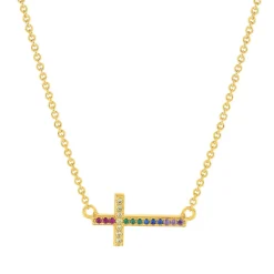 Collier plaqué or motif croix religieuse pierres synthétiques multicolores 45cm