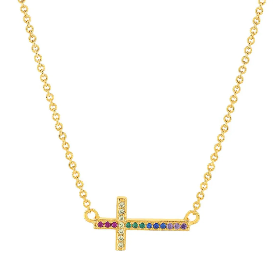 Collier plaqué or motif croix religieuse pierres synthétiques multicolores 45cm