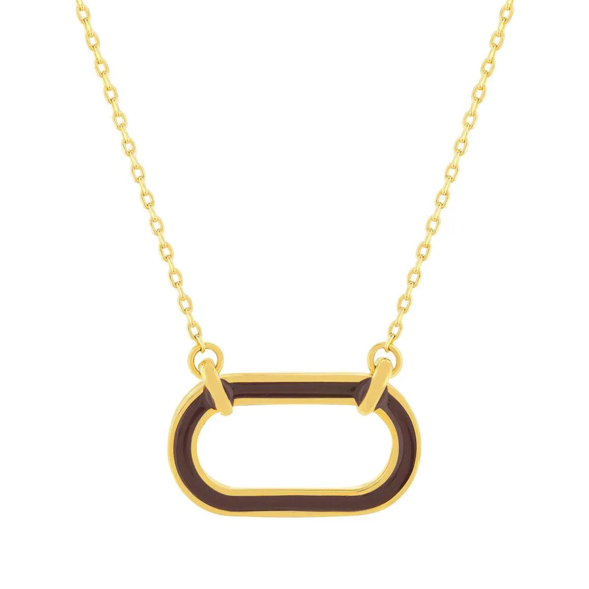 Collier plaqué or motif ovale laque marron 45cm