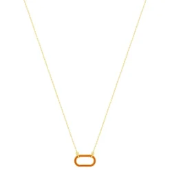 Collier plaqué or motif ovale laque orange 45cm.