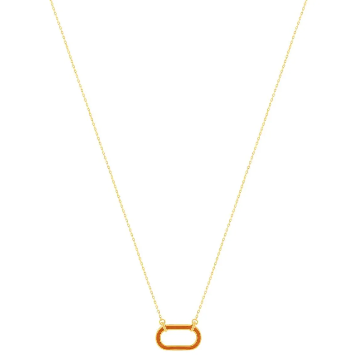 Collier plaqué or motif ovale laque orange 45cm.