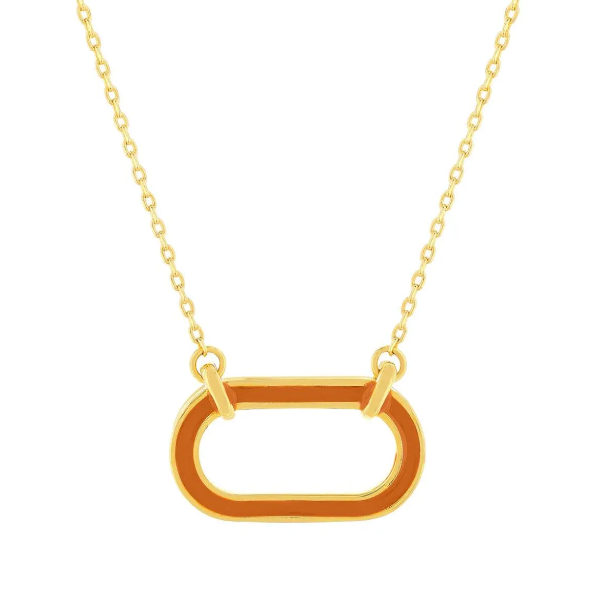 Collier plaqué or motif ovale laque orange 45cm.