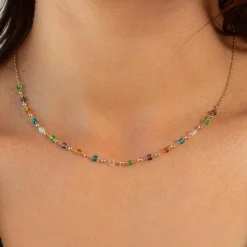 Collier plaqué or pierres synthétiques multicolores 45cm