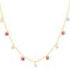 Collier plaqué or pierres synthétiques rouges et roses 45cm