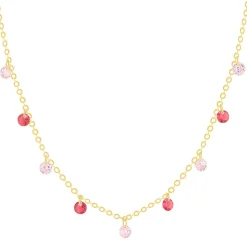 Collier plaqué or pierres synthétiques rouges et roses 45cm
