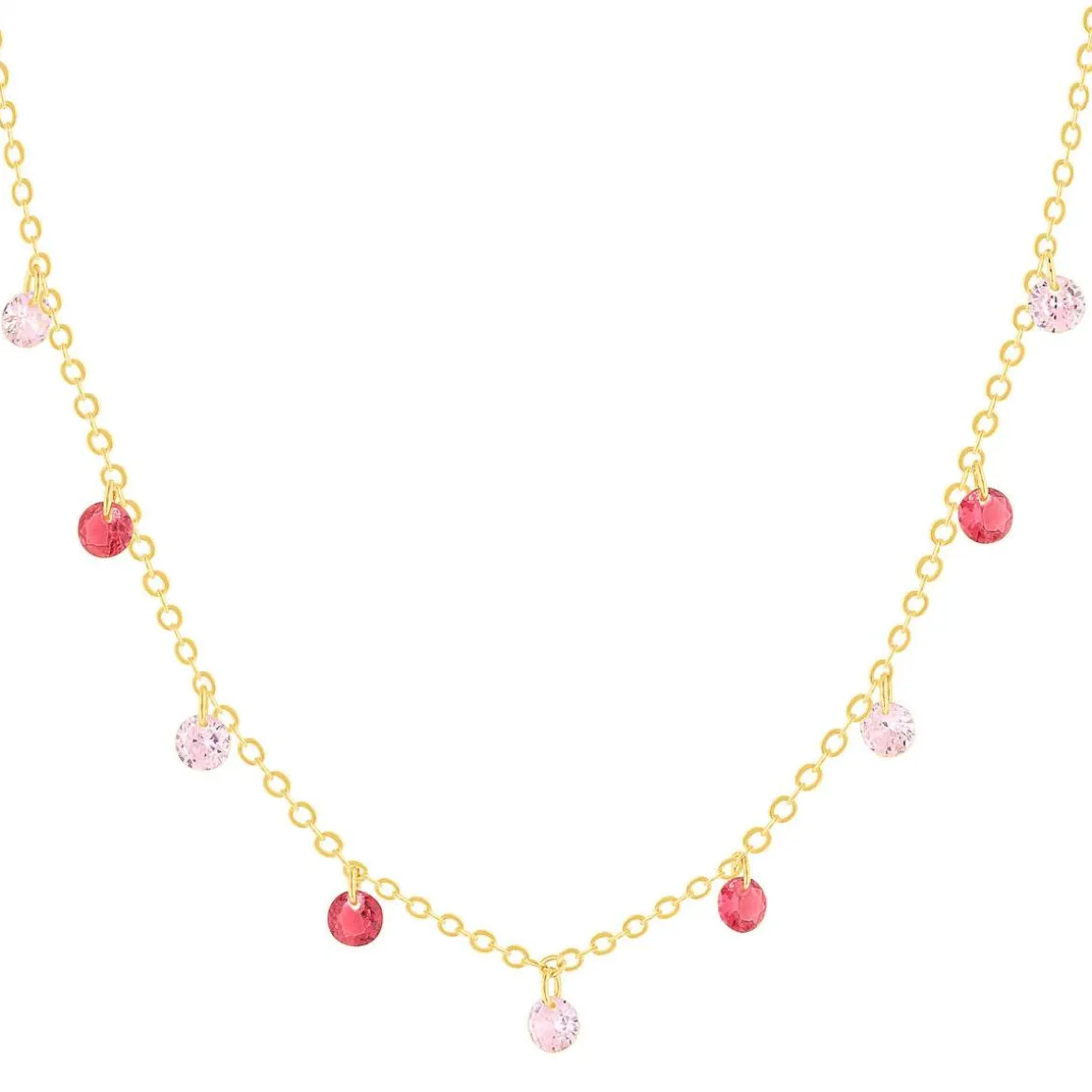 Collier plaqué or pierres synthétiques rouges et roses 45cm