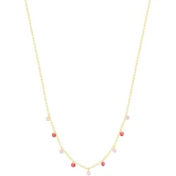 Collier plaqué or pierres synthétiques rouges et roses 45cm