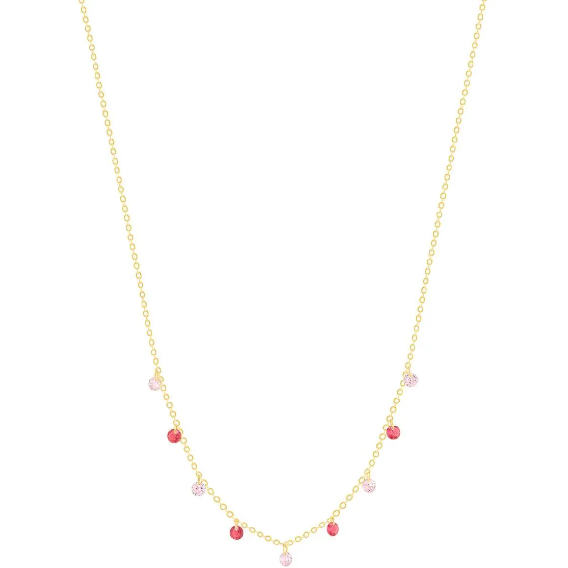 Collier plaqué or pierres synthétiques rouges et roses 45cm