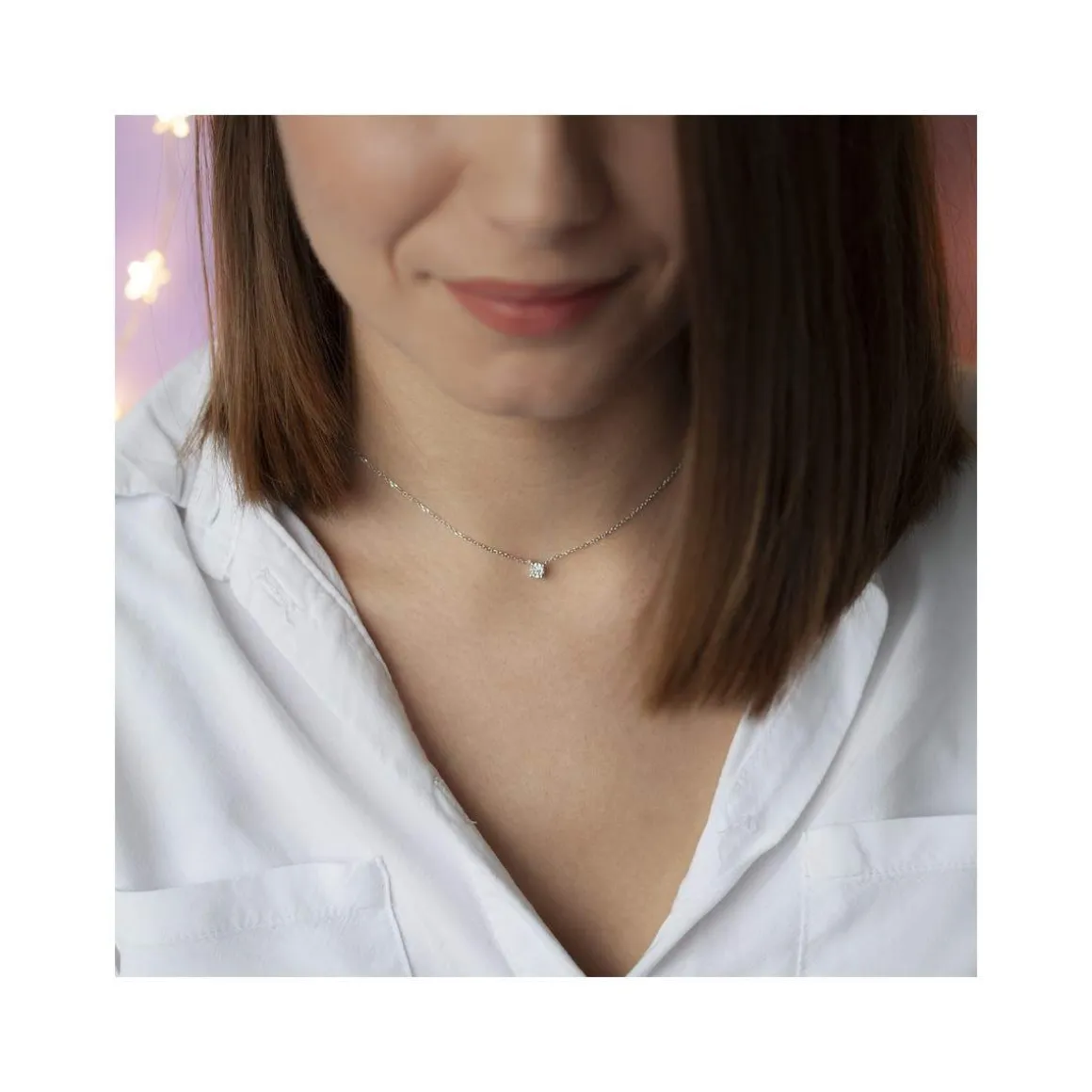 Collier solitaire or 750 blanc diamant HSI 0.25 carat 42cm
