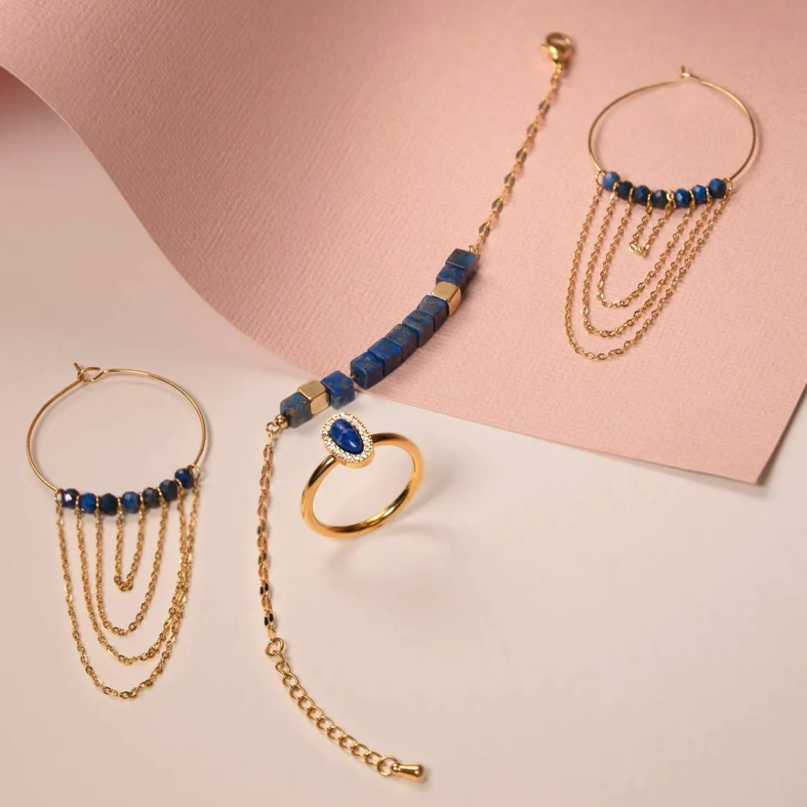 Créoles acier doré lapis lazuli