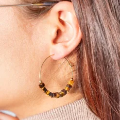 Créoles acier doré pierres oeil de tigre