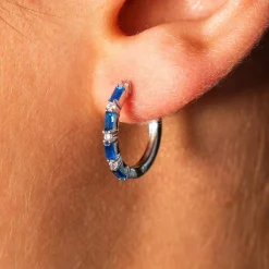 Créoles argent 925 pierres imitation bleues et zirconias 16mm