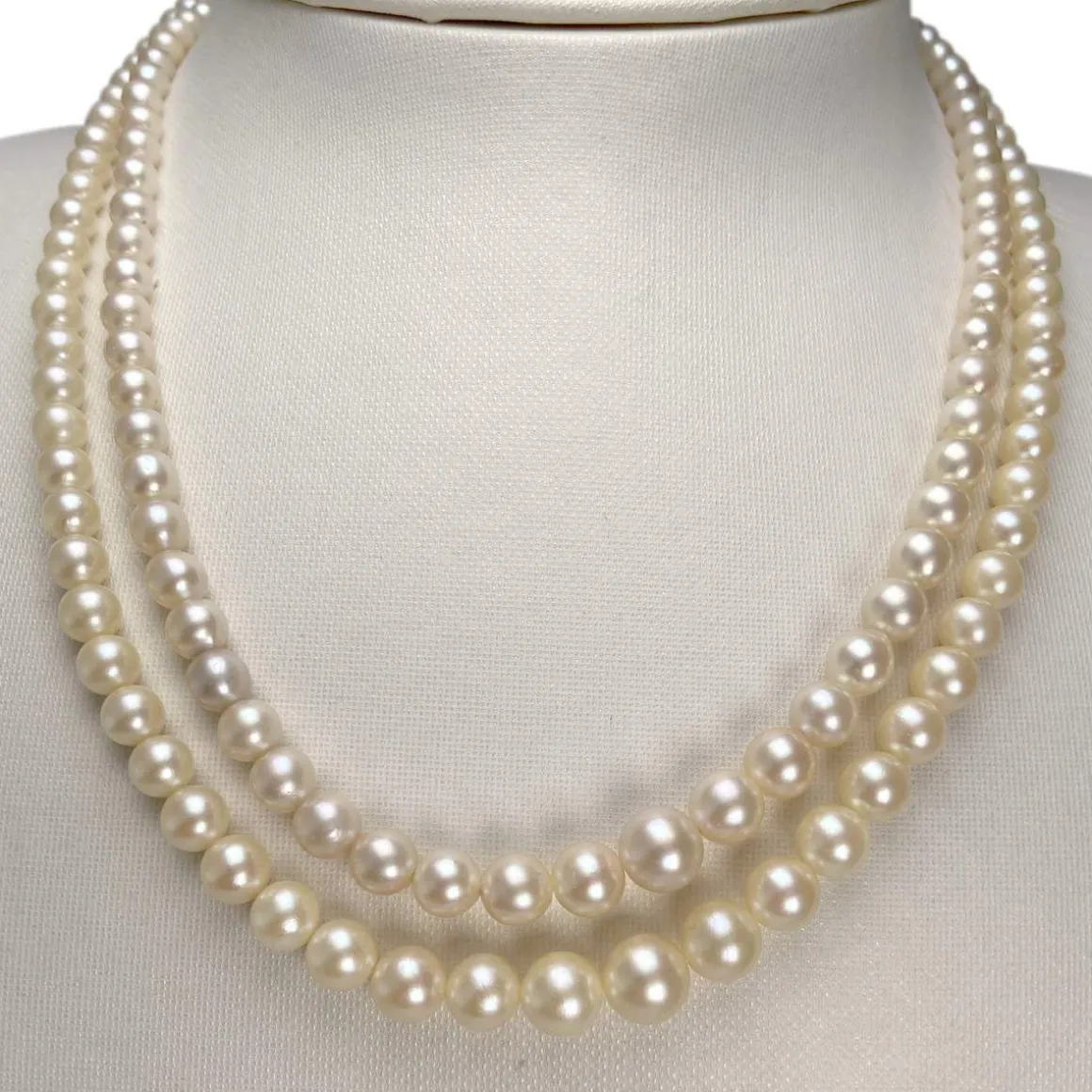 Double rang d'occasion or 750 jaune maille perles, perles de culture du Japon 45 cm