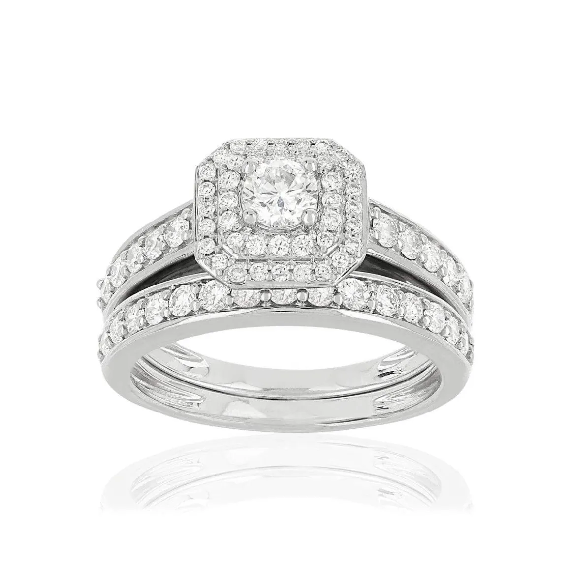 Duo alliance demi-tour solitaire or 750 blanc diamants synthétiques 1 ct 9.5 mm