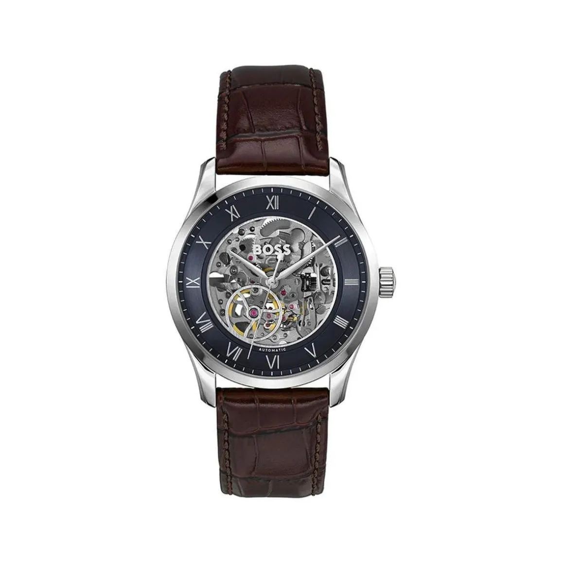 Montre BOSS business homme automatique, bracelet cuir marron