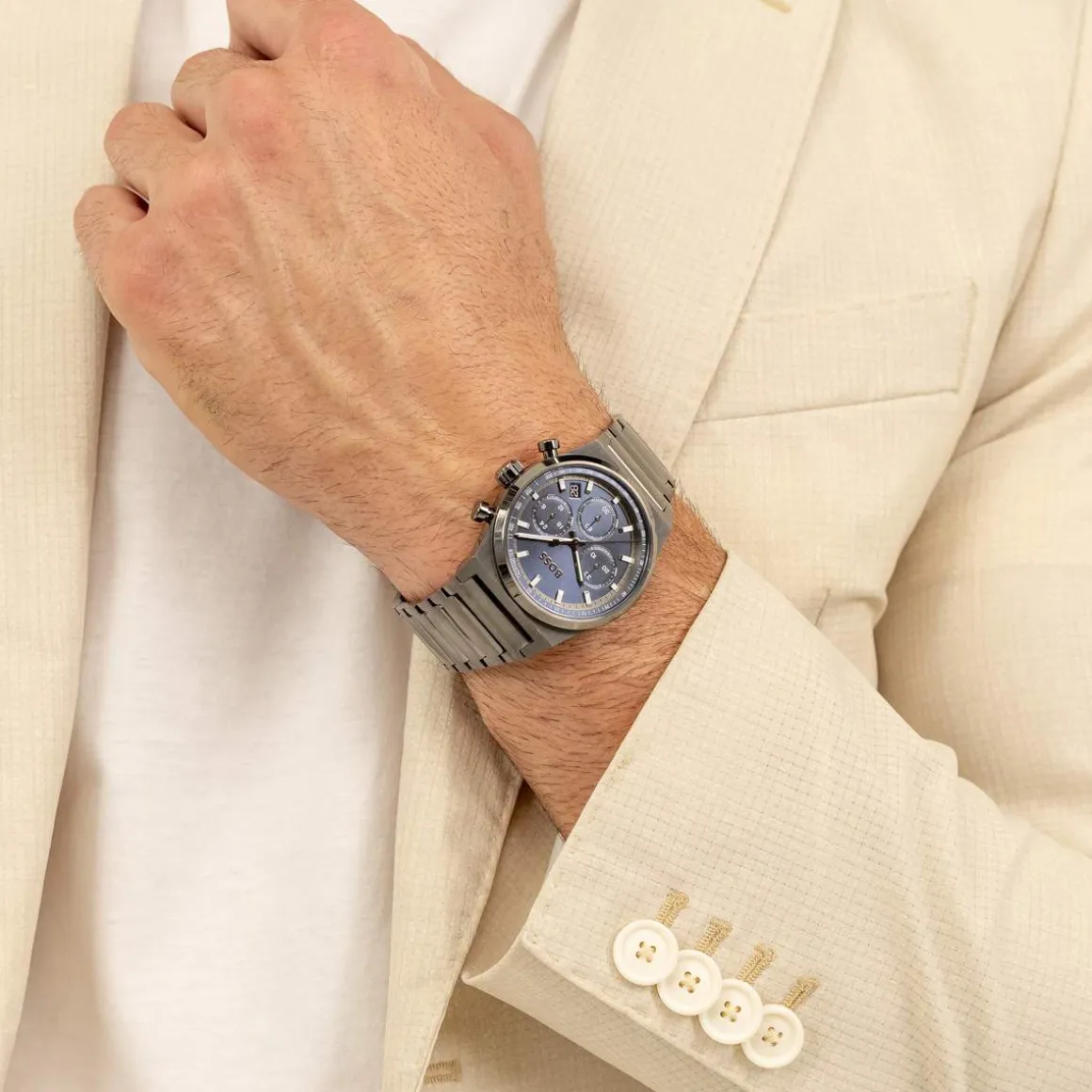 Montre BOSS Candor Chrono homme cadran bleu bracelet acier gris