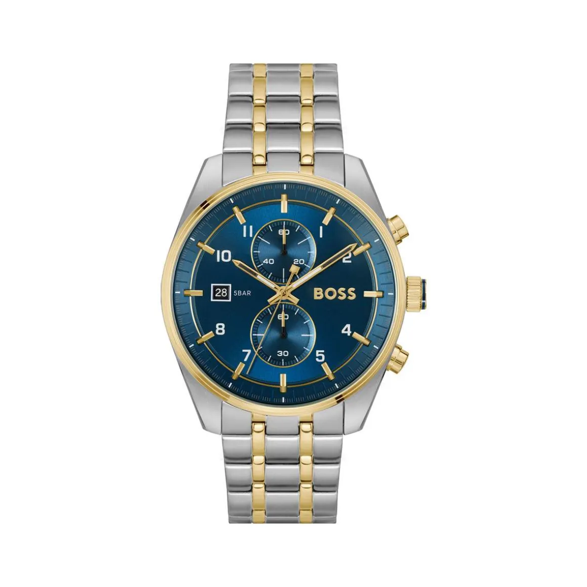 Montre BOSS Skytraveller homme cadran bleu bracelet acier doré et gris