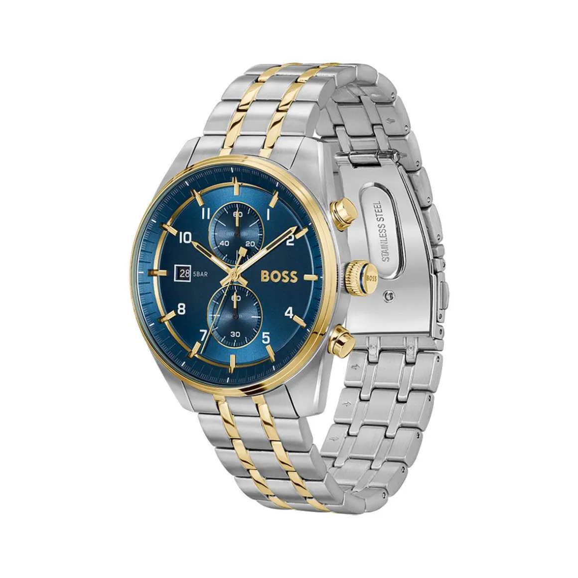 Montre BOSS Skytraveller homme cadran bleu bracelet acier doré et gris
