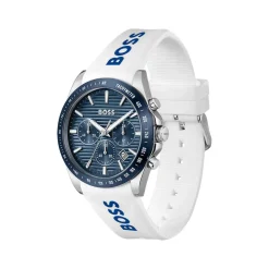 Montre BOSS Strike Chrono homme cadran bleu bracelet silicone blanc