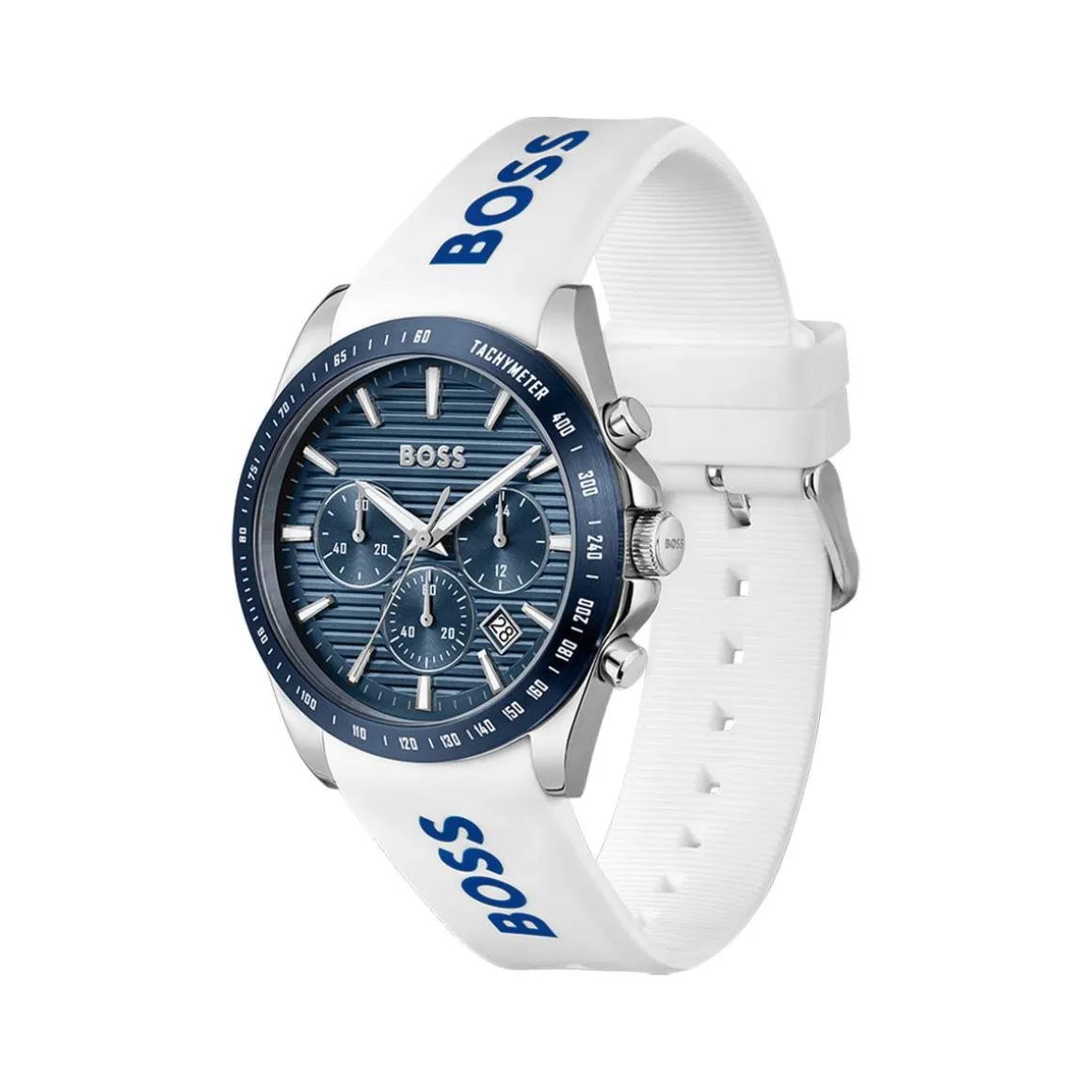 Montre BOSS Strike Chrono homme cadran bleu bracelet silicone blanc