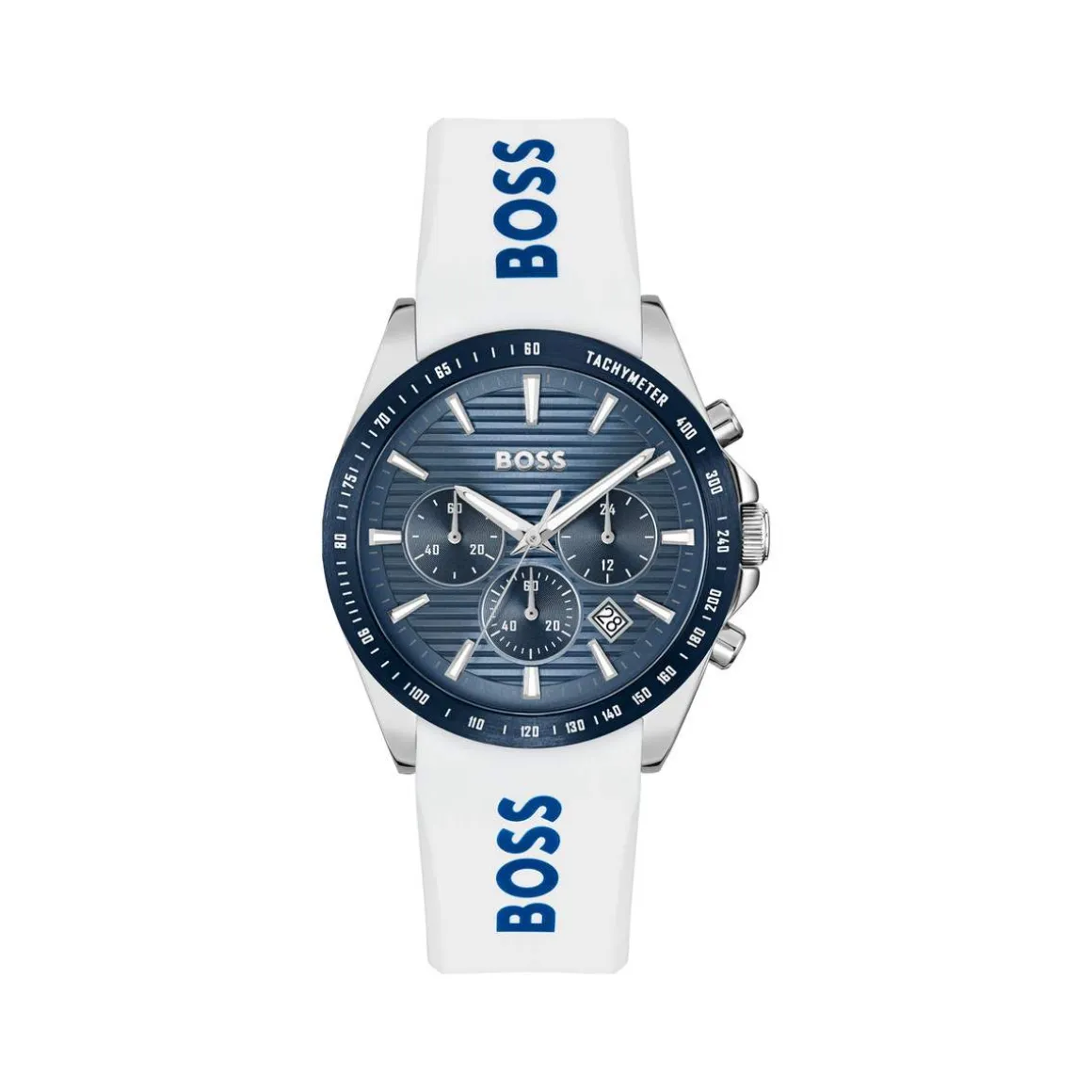 Montre BOSS Strike Chrono homme cadran bleu bracelet silicone blanc
