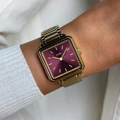 Montre CLUSE LA TETRAGONE Femme cadran rouge bracelet acier inoxydable doré