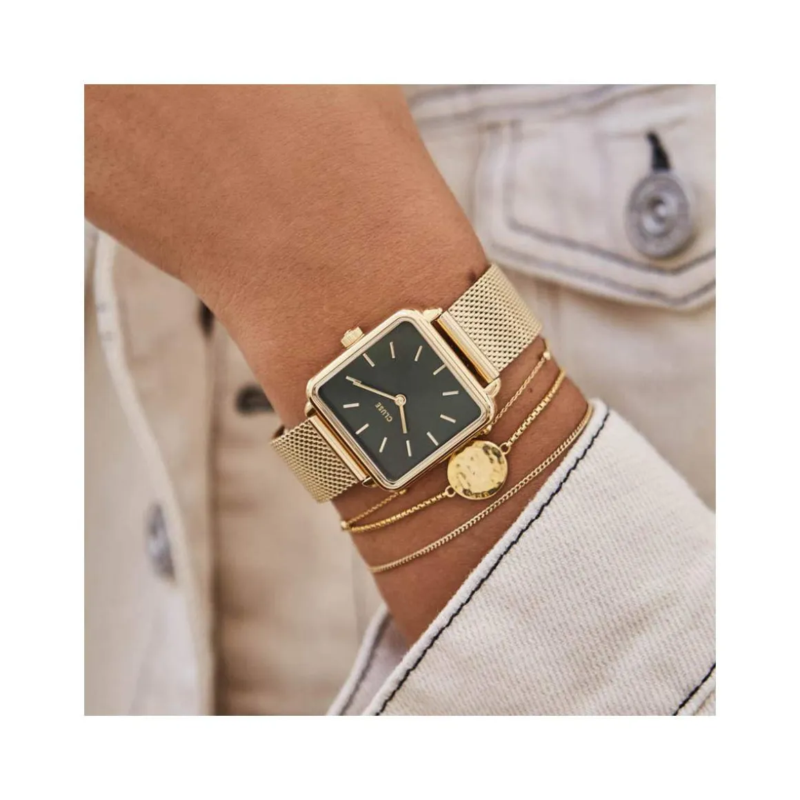 Montre CLUSE La Tétragone femme cadran vert bracelet acier doré