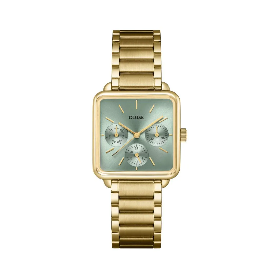 Montre CLUSE La Tétragone Multifunction femme cadran vert bracelet acier doré