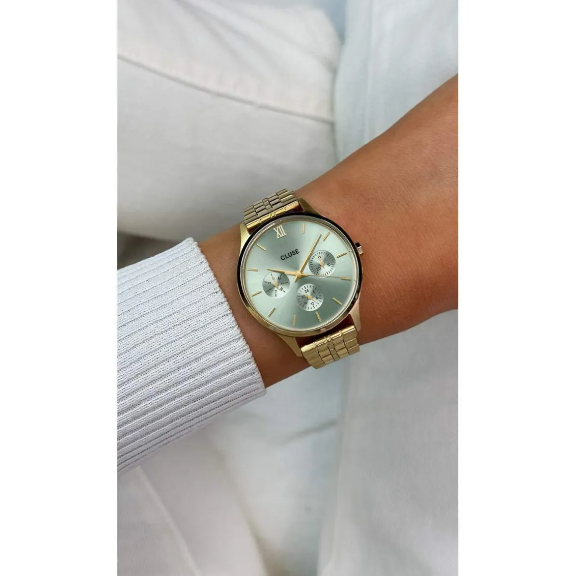 Montre CLUSE Minuit Multifunction femme cadran vert bracelet acier doré