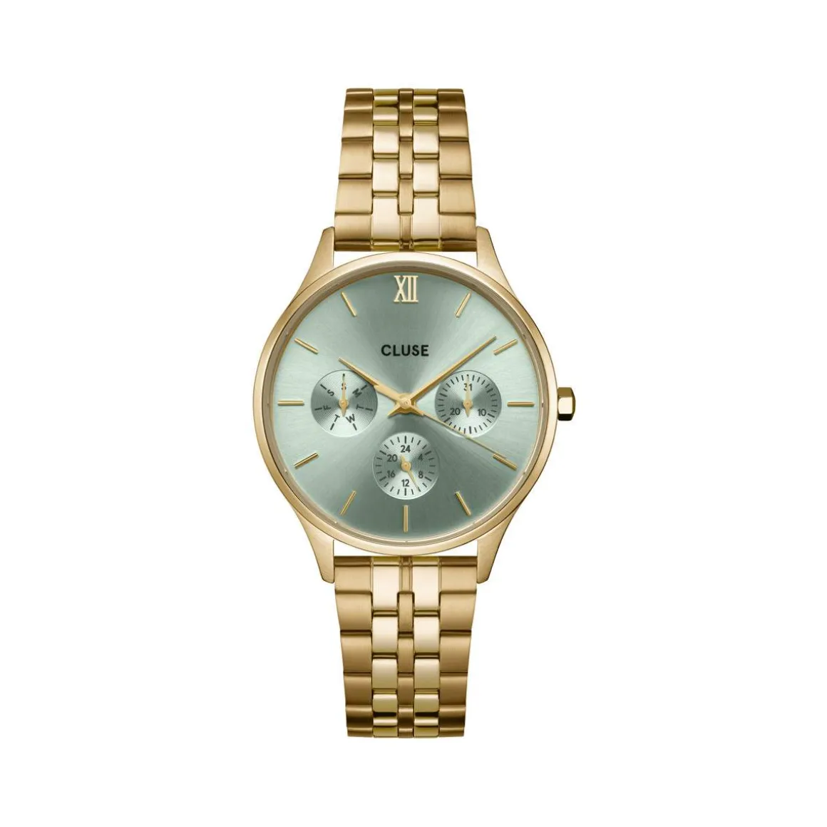 Montre CLUSE Minuit Multifunction femme cadran vert bracelet acier doré