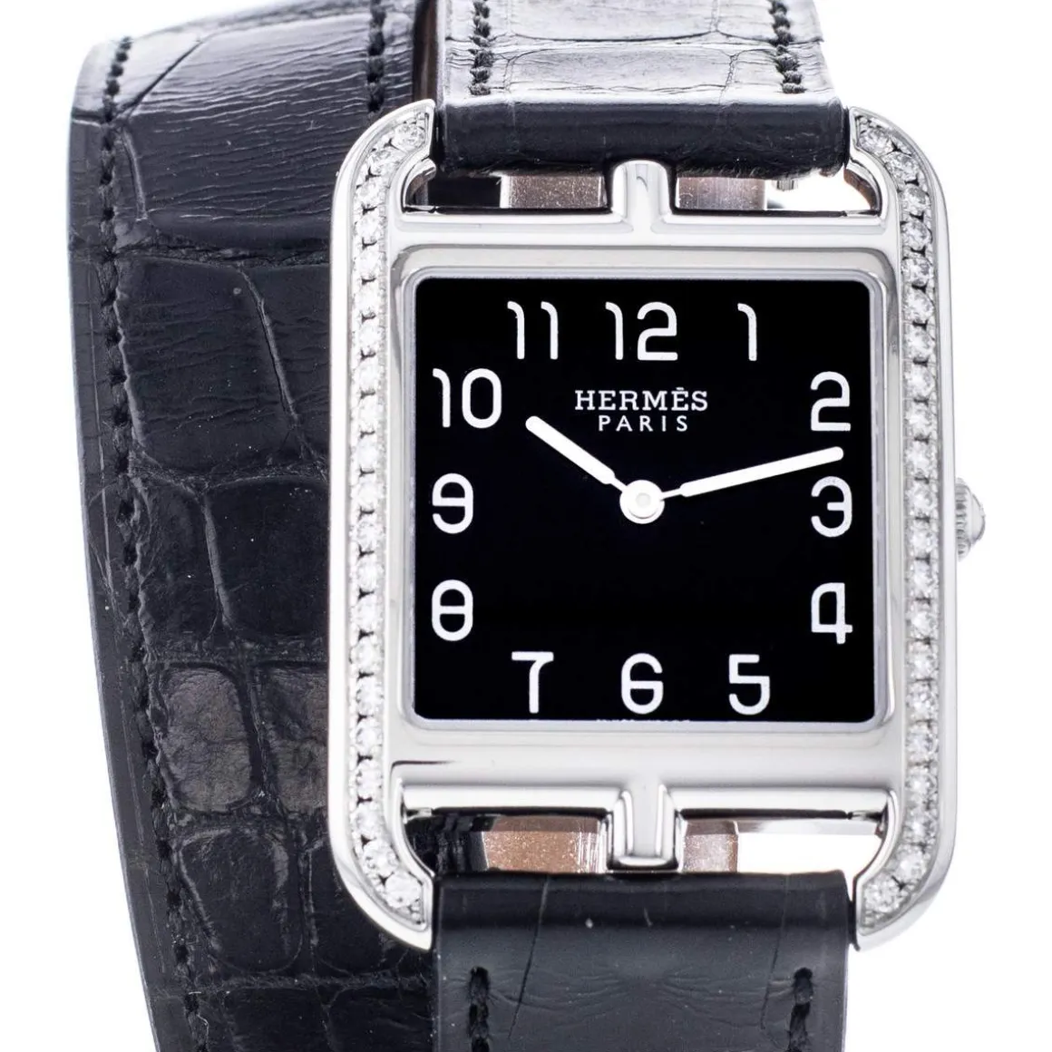 Montre d'occasion Hermès Cape Cod femme acier bracelet cuir noir