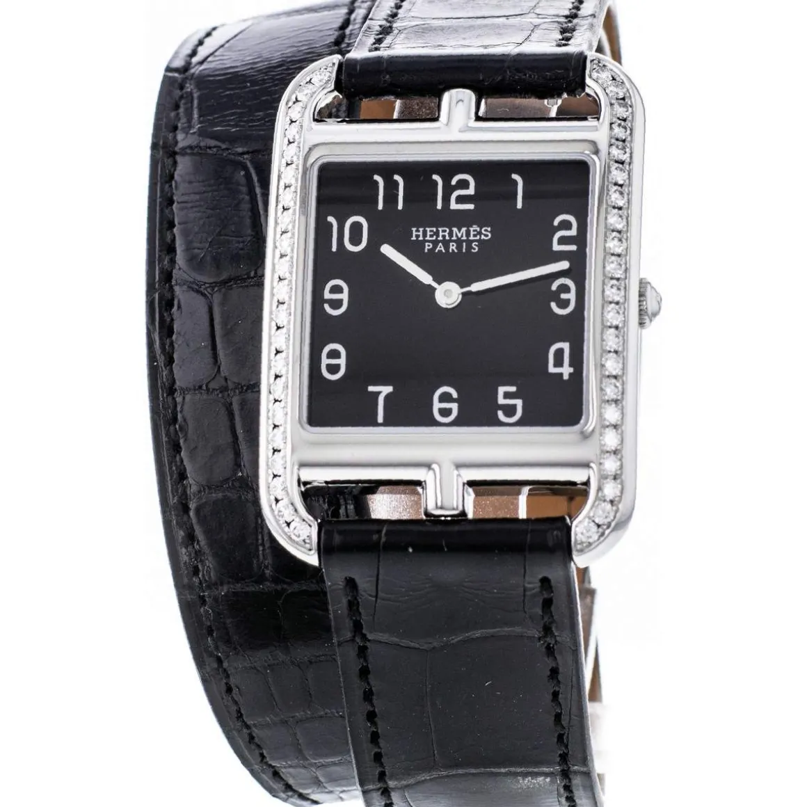 Montre d'occasion Hermès Cape Cod femme acier bracelet cuir noir