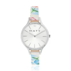 Montre femme chromée bracelet cuir fleurs tropicales